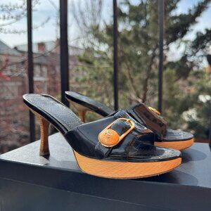 CHANEL Sandals Mules Heeled Shoes Platform Black Buckle CC Logo Box EUR 36.5